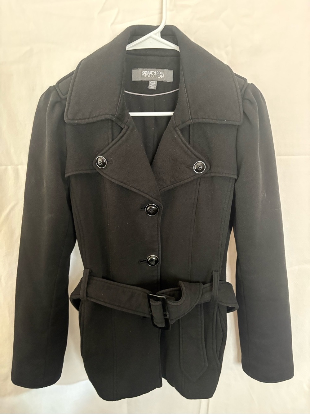 Kenneth Cole Black Belted Wool-Blend Peacoat